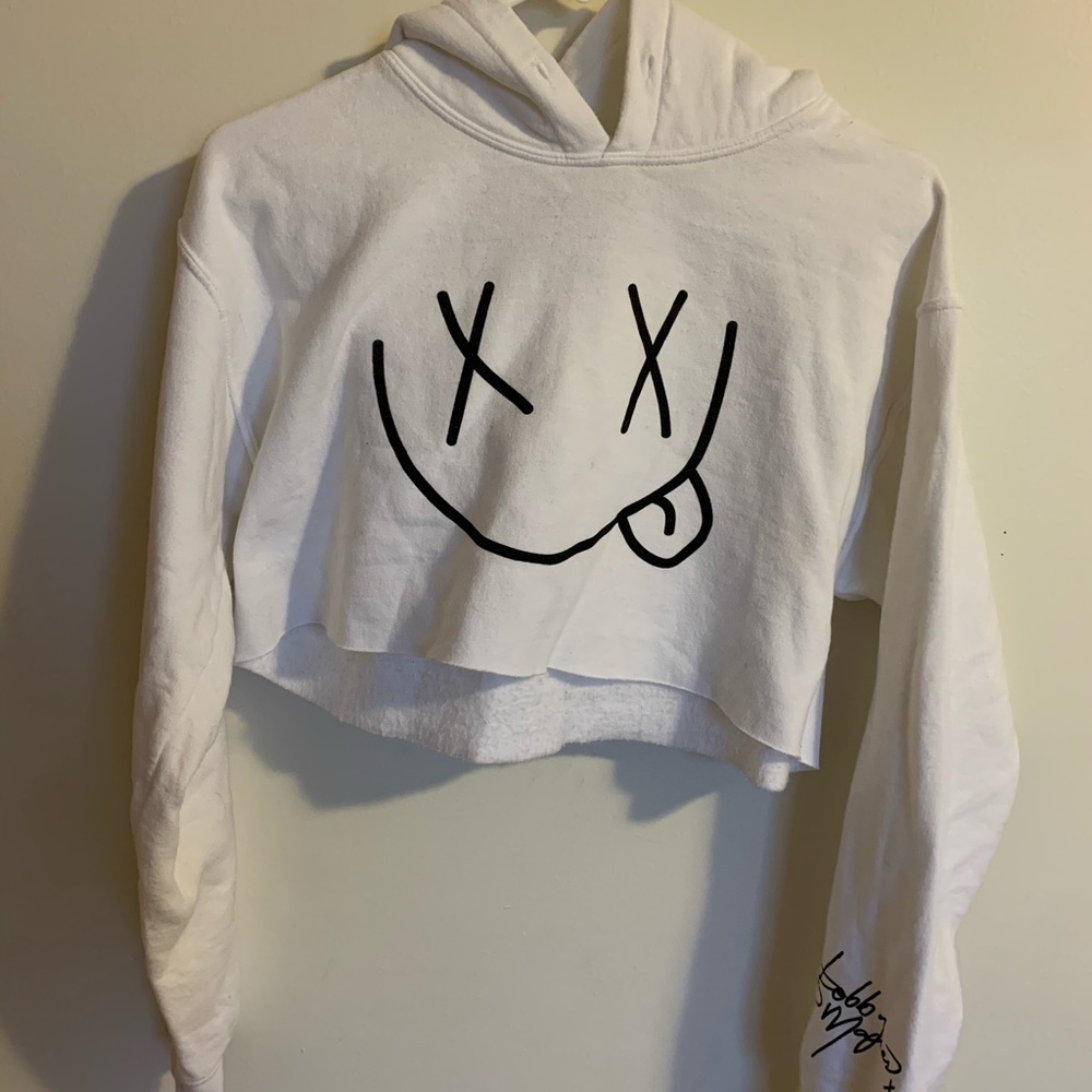 Smiley Face Cropped White Hoodie